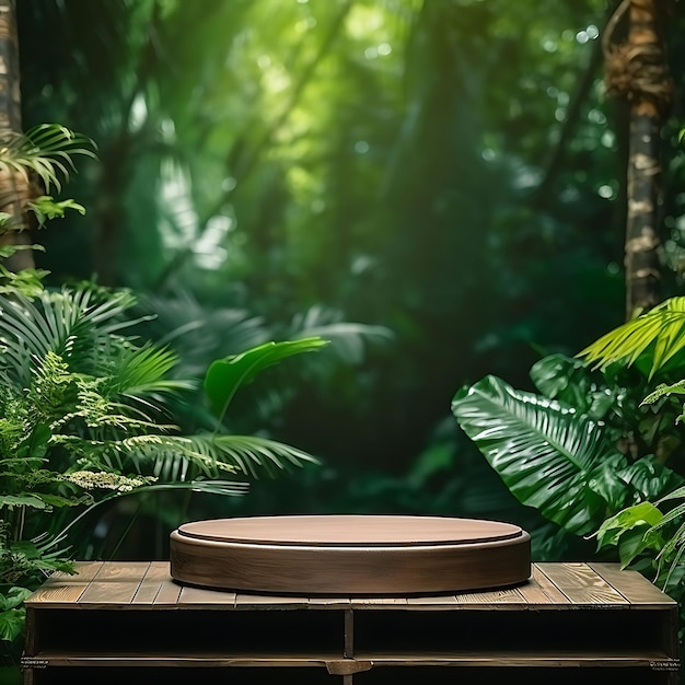 Wooden podium in tropical forest background for product presentation