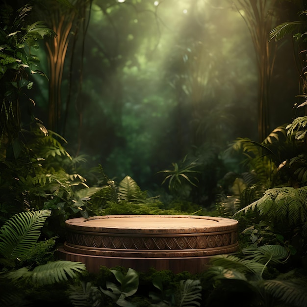 Wooden podium in tropical forest background for product presentation