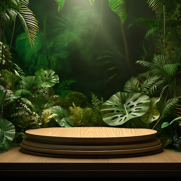 Wooden podium in tropical forest background for product presentation