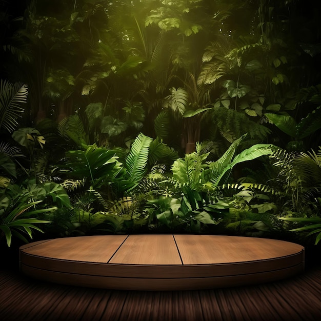 Wooden podium in tropical forest background for product presentation