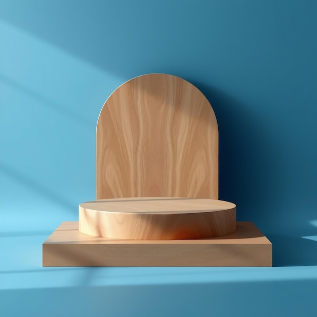 Wooden podium with arch in blue background for product display