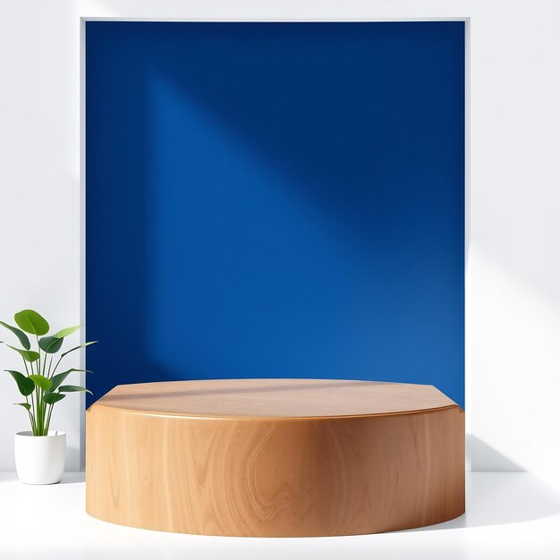 Wooden podium with a blue wall in background