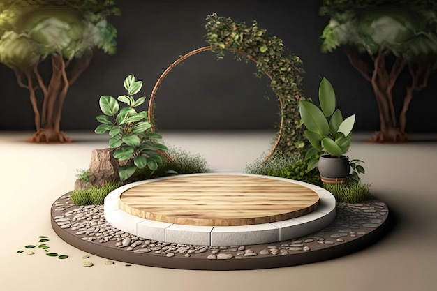 A wooden Podium with flowers for product visualization