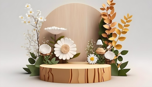 A wooden podium with flowers and a wooden stand.