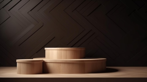 A wooden podium with four wooden steps and a black background.