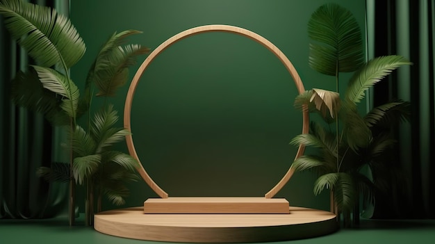 A wooden podium with a frame in front of a green background with palm leaves.