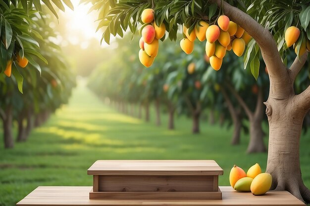 Wooden podium with fresh mango hanging on tree and blured orchard background