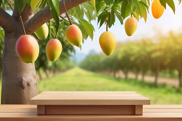 Wooden podium with fresh mango hanging on tree and blured orchard background