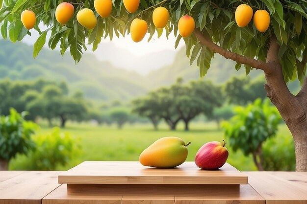 Wooden podium with fresh mango hanging on tree and blured orchard background