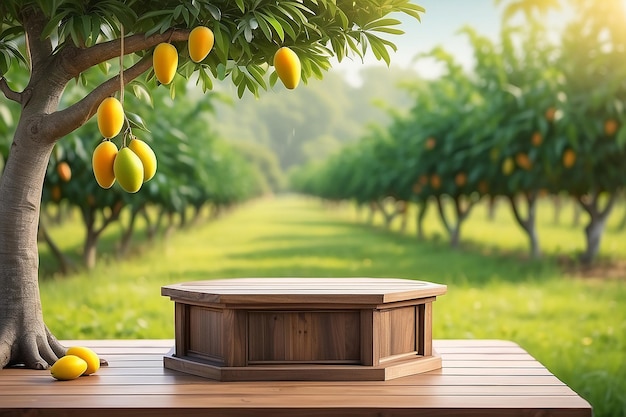 Wooden podium with fresh mango hanging on tree and blured orchard background