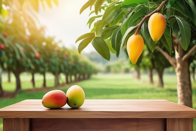 Wooden podium with fresh mango hanging on tree and blured orchard background