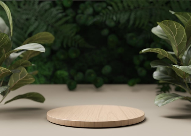 Wooden podium with leaves and plants on the background Podium for product cosmetic presentation Natural mock up Pedestal or platform for beauty products Empty scene 3D rendering