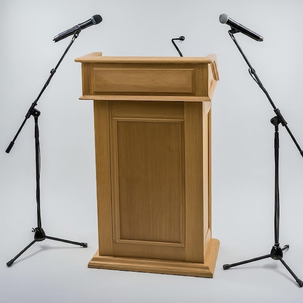 a wooden podium with a microphone on it that says quot the word quot on it