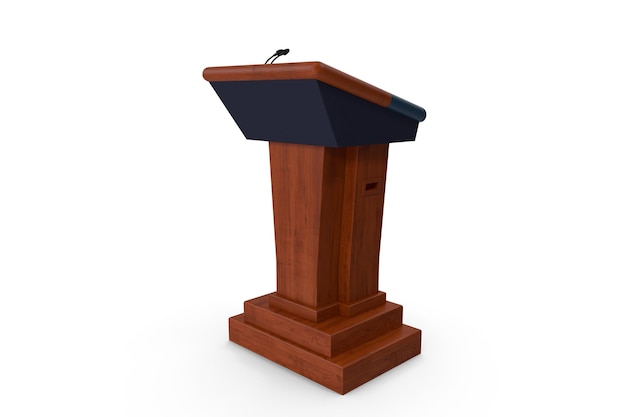 A wooden podium with a microphone on it.