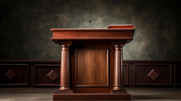 Wooden podium with a microphone rich oak finish classic design warm and inviting high detail