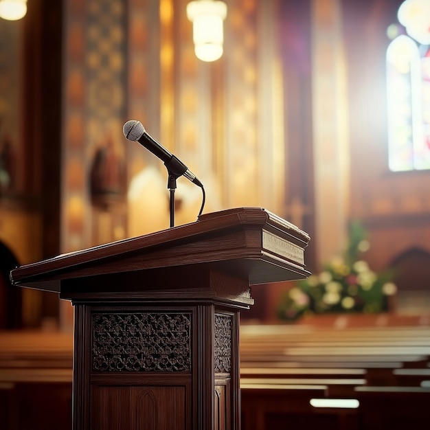 a wooden podium with a microphone on top of it