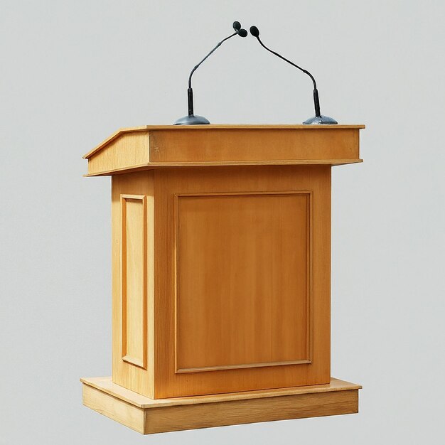 a wooden podium with a microphone on top of it