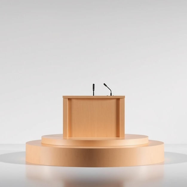 Photo wooden podium with microphones on a platform isolated on a white background