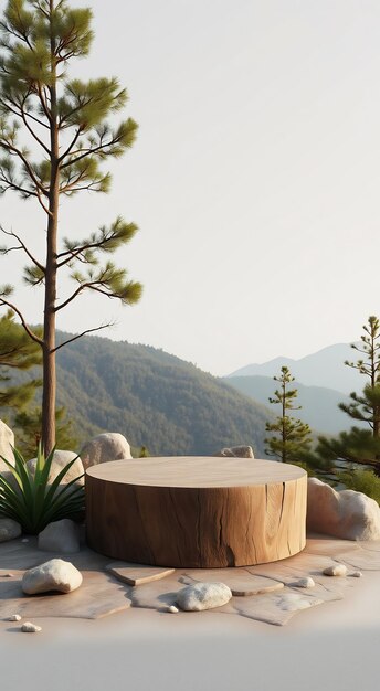 Wooden podium with mountain background and pine tree