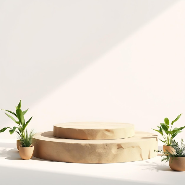 Wooden podium with plants on white background