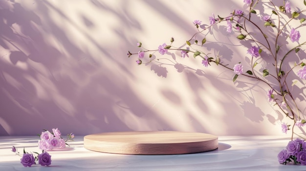 Wooden podium with purple roses on background