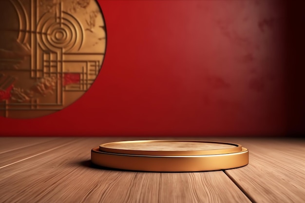 A wooden podium with a red background and a gold circle in the middle.