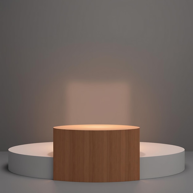 Wooden podium with white platform on grey background