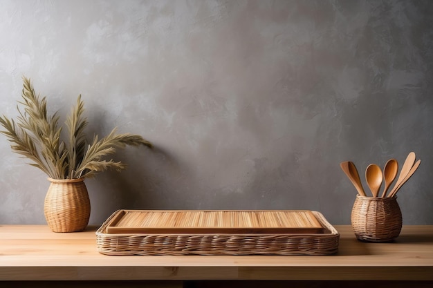 wooden podium with wicker place mat on table over stone wall background Kitchen mockup product