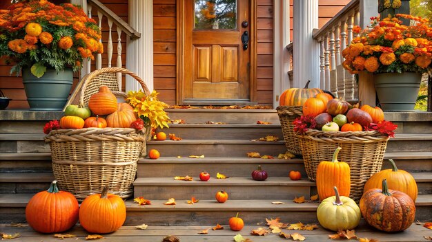 Photo a wooden porch with a basket of pumpkins and gourds on it