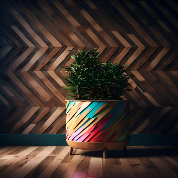 Wooden pot with a plant on the background of a wooden wall