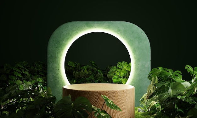 Wooden product display podium in jungle forest with circle fluorescent neon light lamp background Product presentation theme Nature and Organic cosmetic and food concept 3D illustration rendering