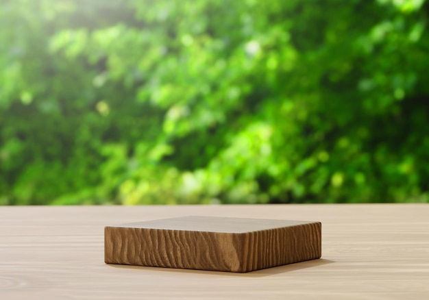 Wooden product display podium with blurred nature green leaves background For one or single product presentation Nature and Organic cosmetic and food concept 3D illustration rendering