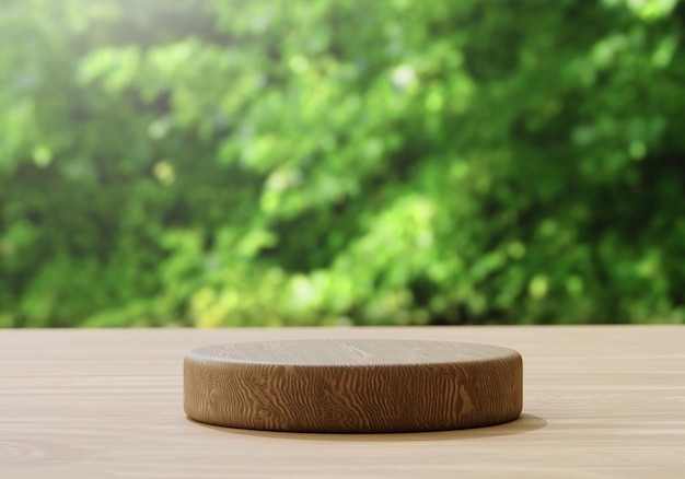 Wooden product display podium with blurred nature green leaves background For one or single product presentation Nature and Organic cosmetic and food concept 3D illustration rendering