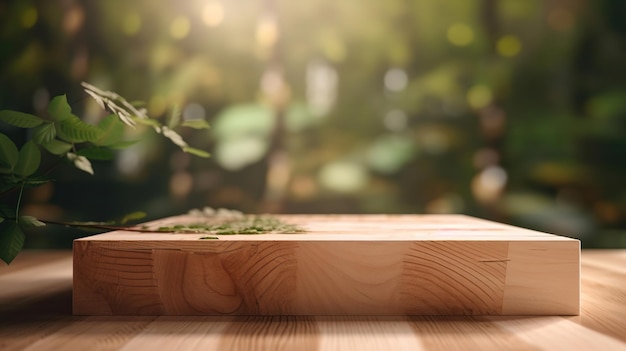 Wooden product display podium with blurred nature leaves background Generative Ai