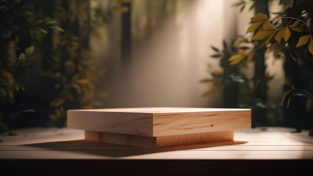 Wooden product display podium with blurred nature leaves background Generative Ai