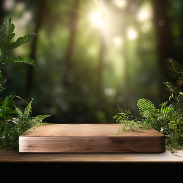 Wooden Product Display Podium With Blurred Nature Leaves Background