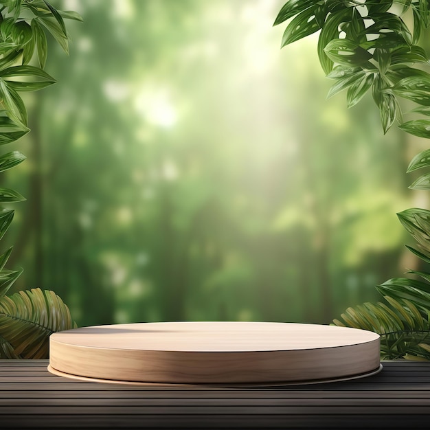 Wooden Product Display Podium With Blurred Nature Leaves Background