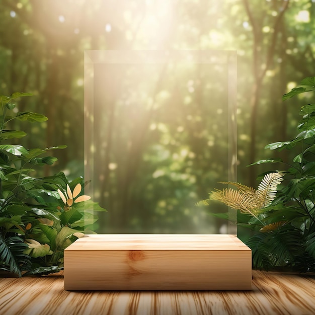 Wooden Product Display Podium With Blurred Nature Leaves Background