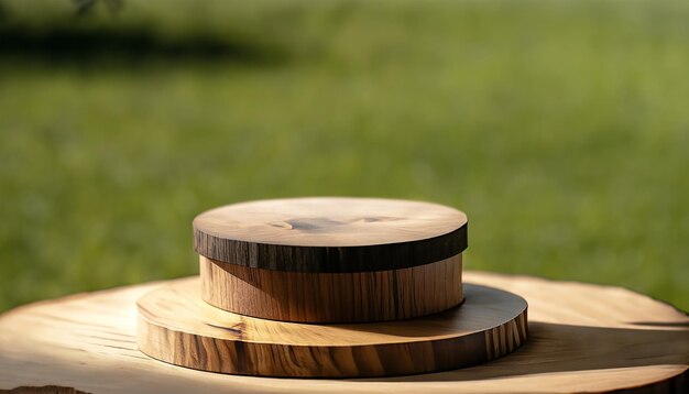 Wooden product display podium with blurred nature leaves on green background mockup podium