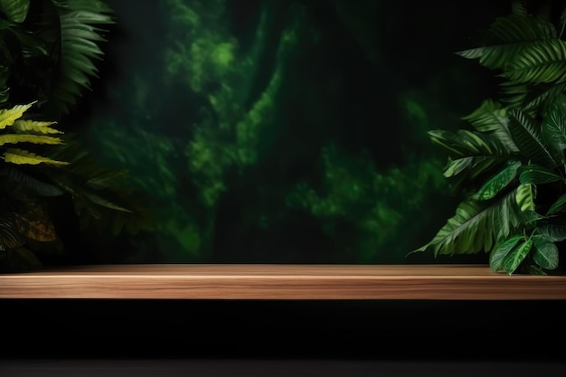 Wooden product display podium with green nature garden background generated by AI