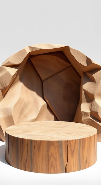 Photo wooden product display podium with a natural rock backdrop