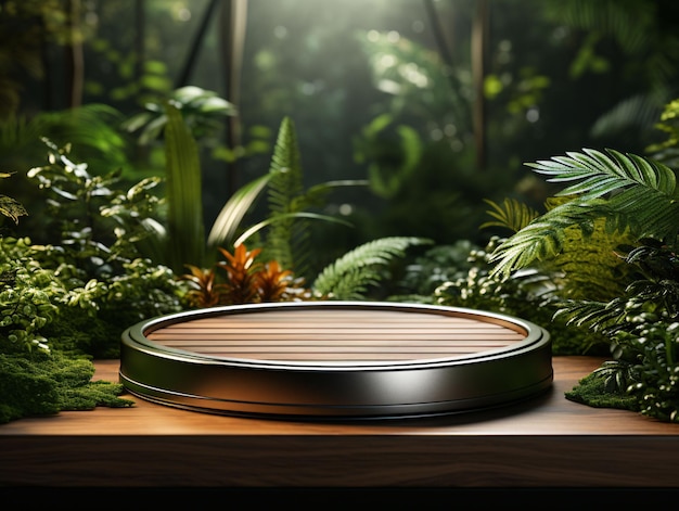 Wooden Product Display Podium with Nature Background Generative AI