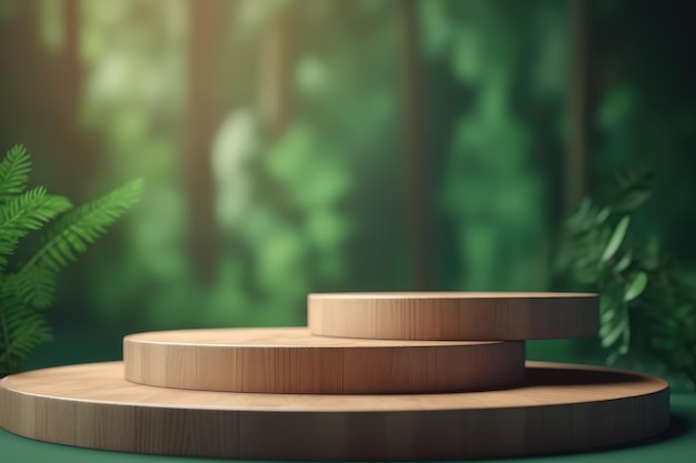 A wooden product display stand in front of a green plant background