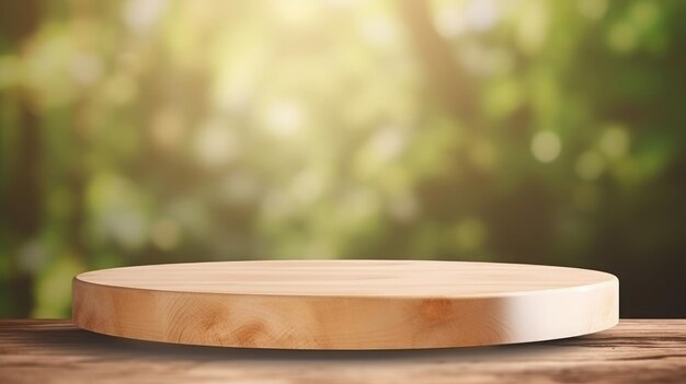 Wooden product display stand with blurred nature Generative Ai