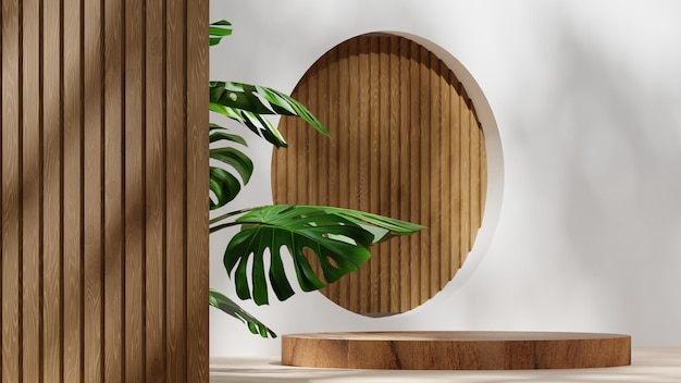 Wooden product podium mockup with nature leaves and natural leaf shadow empty wood pedestal display