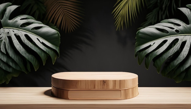 Wooden Product stand display podium with tropical dark forest palm leaves background