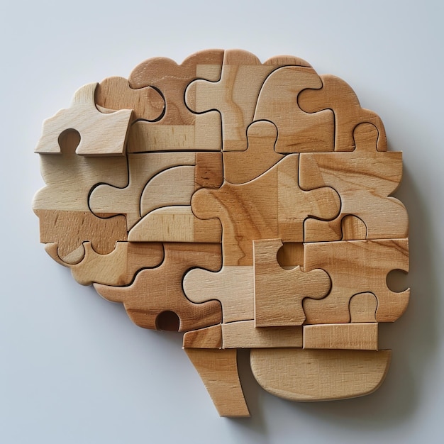 Photo wooden puzzle blocks arranged in the shape of a brain highlighting logical thinking and problem