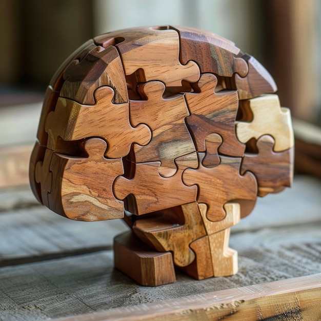 Photo wooden puzzle blocks arranged in the shape of a brain highlighting logical thinking and problem