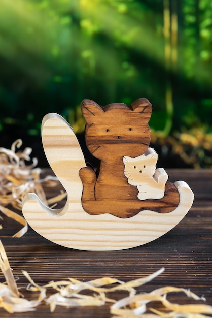 Wooden puzzle in the form of a handmade cat family on the background of the forest