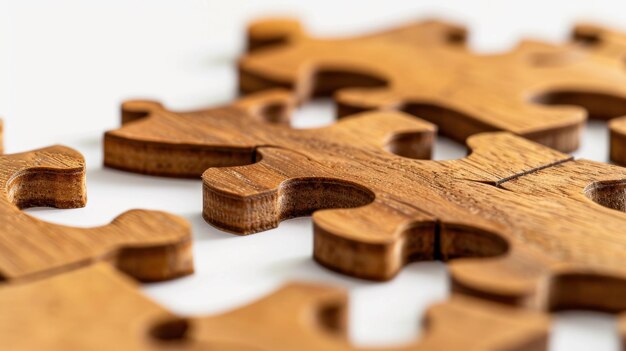 Photo wooden puzzle pieces connecting on a white background symbolizing teamwork and problemsolving